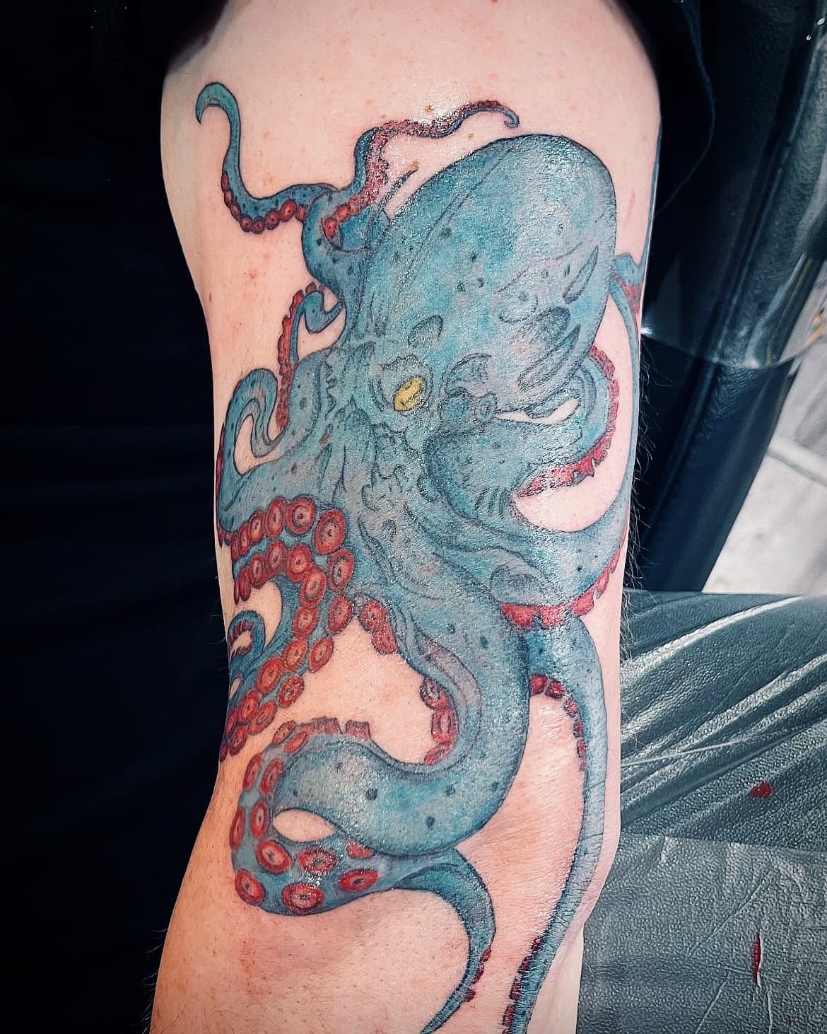 Color octopus neo-traditional arm tattoo by Tony Luong tattoo artist Maple Valley WA