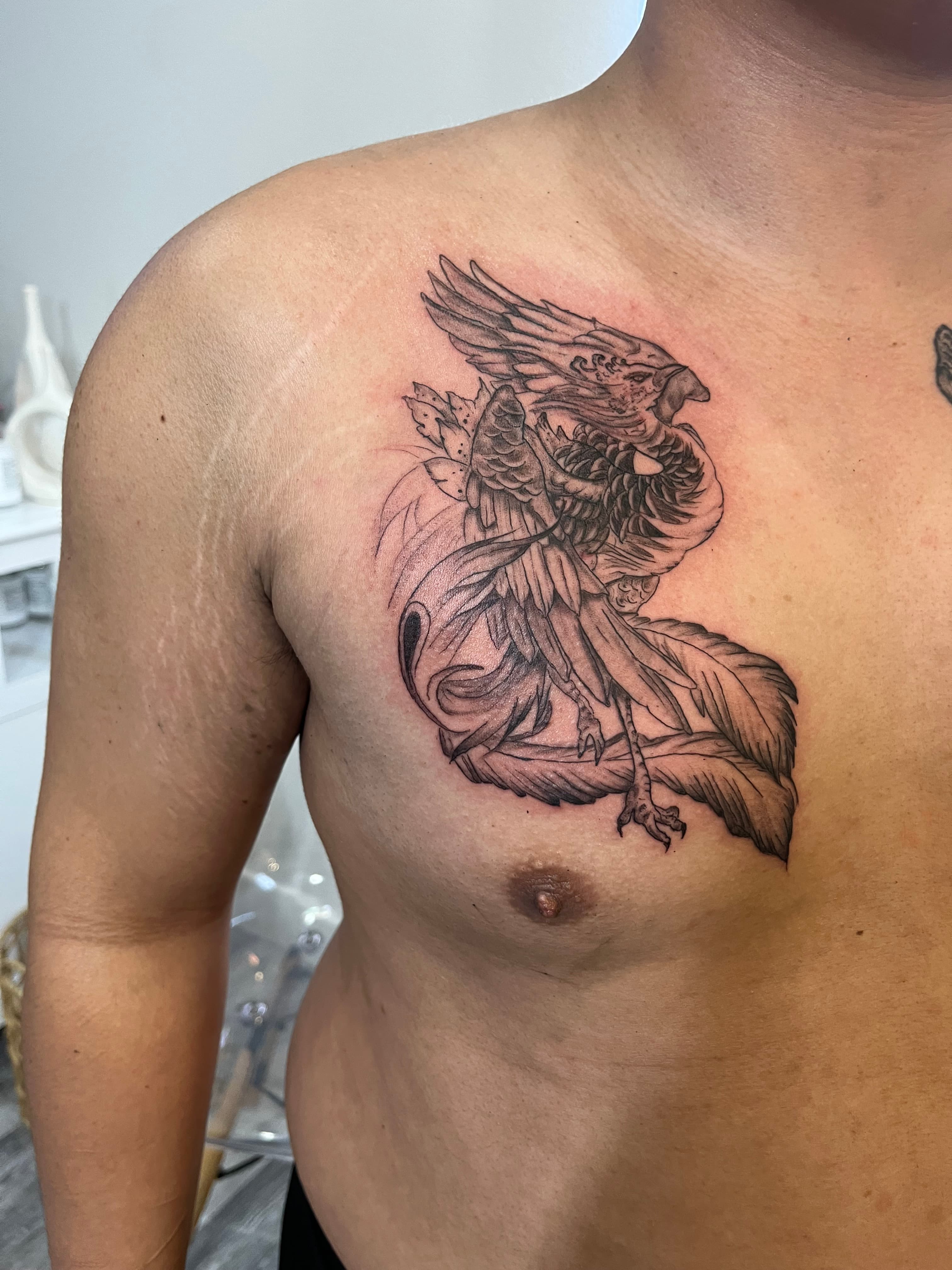 Black and grey bird chest tattoo illustrative custom design by Tony Luong Maple Valley WA