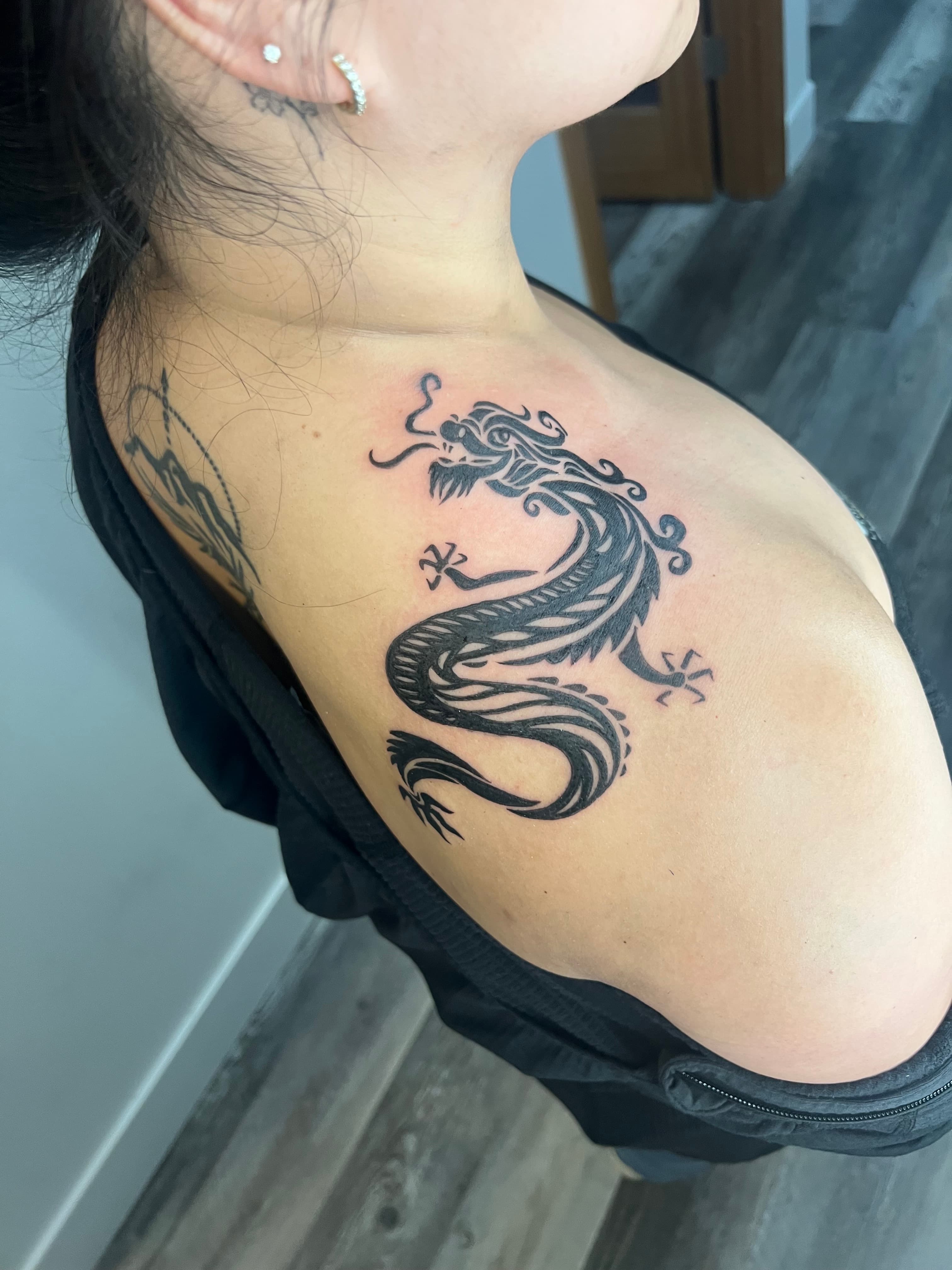 Chinese dragon shoulder tattoo black and grey Asian art by Tony Luong WA